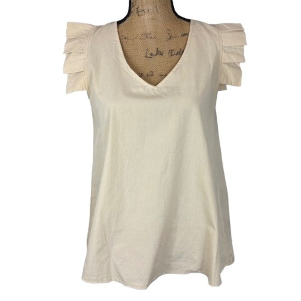 Mazik Cream A-Line Blouse Pleated‎ Flutter Sleeve Cotton Boho Chic Size Small